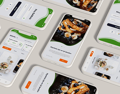 Diyet uygulaması ekran görüntüsü: kalori takibi, öğün planlayıcı ve besin analizleri bulunan modern uygulamalar